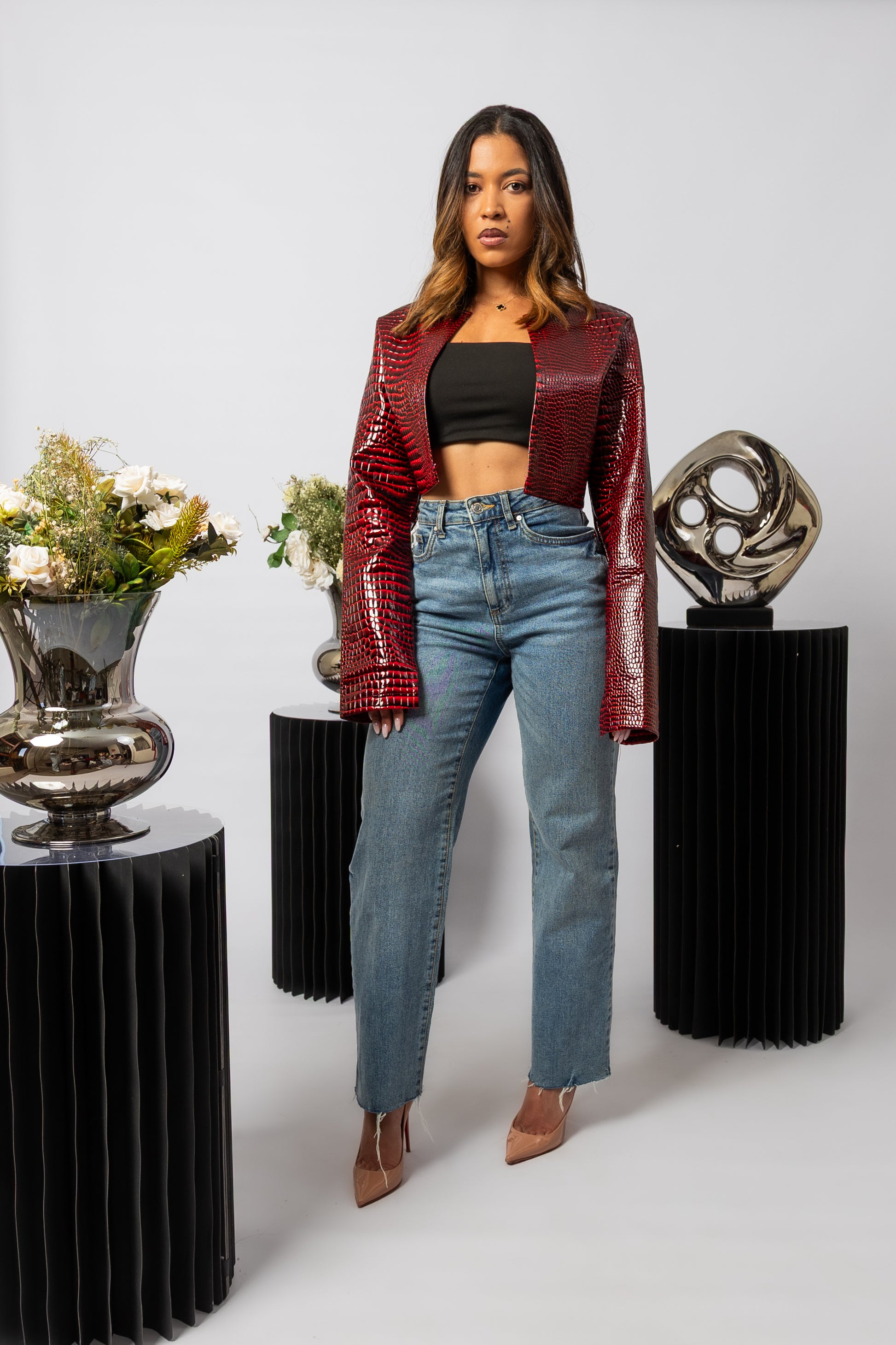 Dark Red Cropped Bomber Jacket