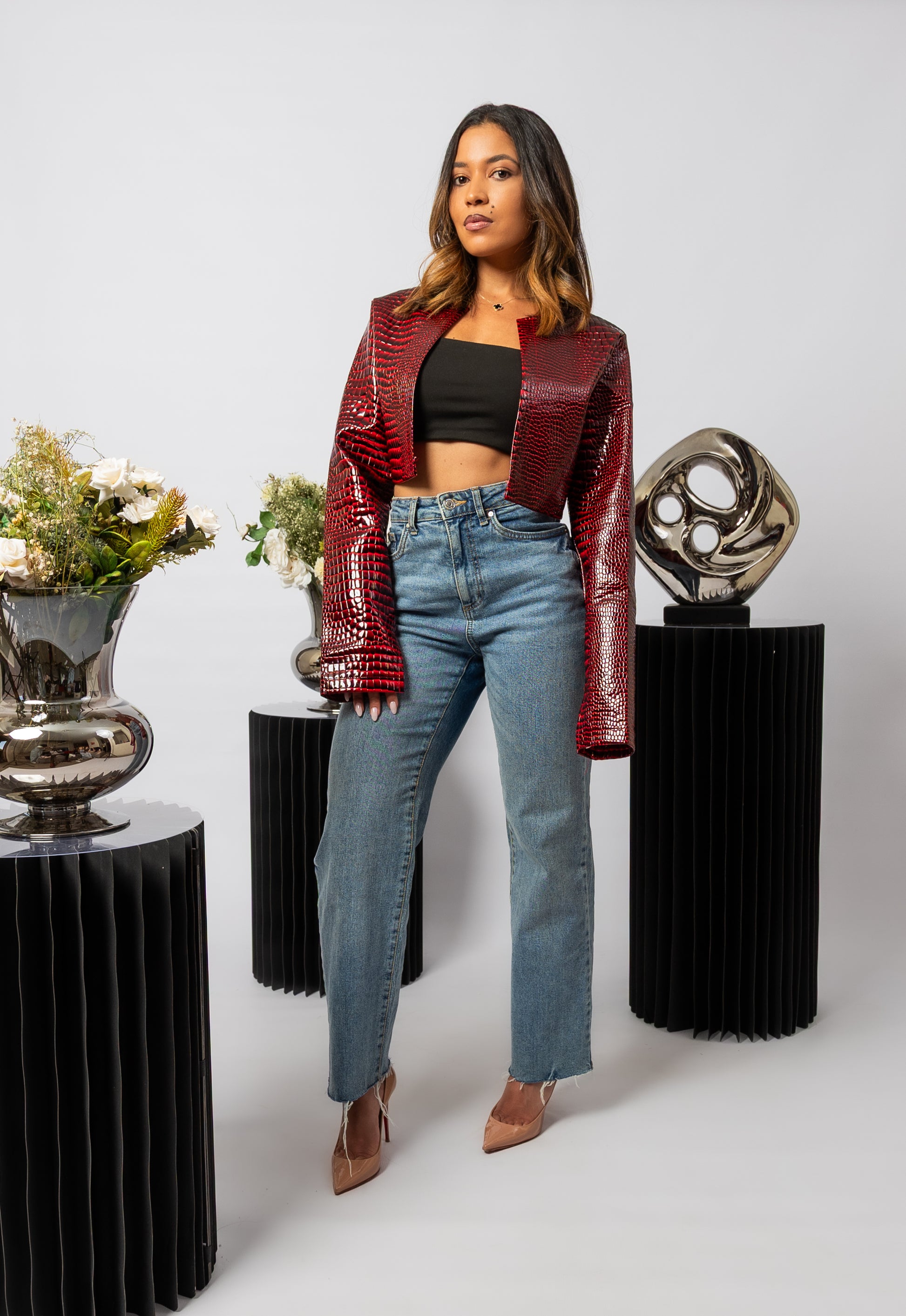 Dark Red Cropped Bomber Jacket