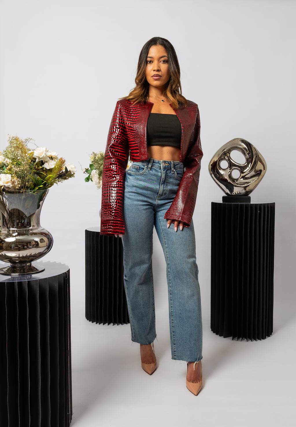Dark Red Cropped Bomber Jacket