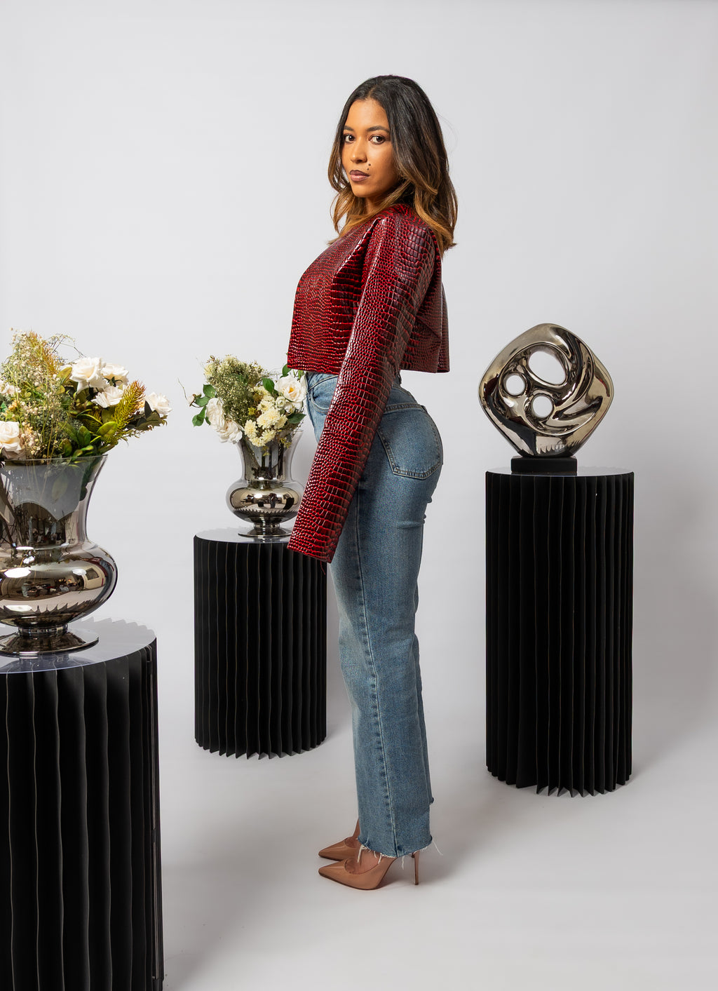 Dark Red Cropped Bomber Jacket