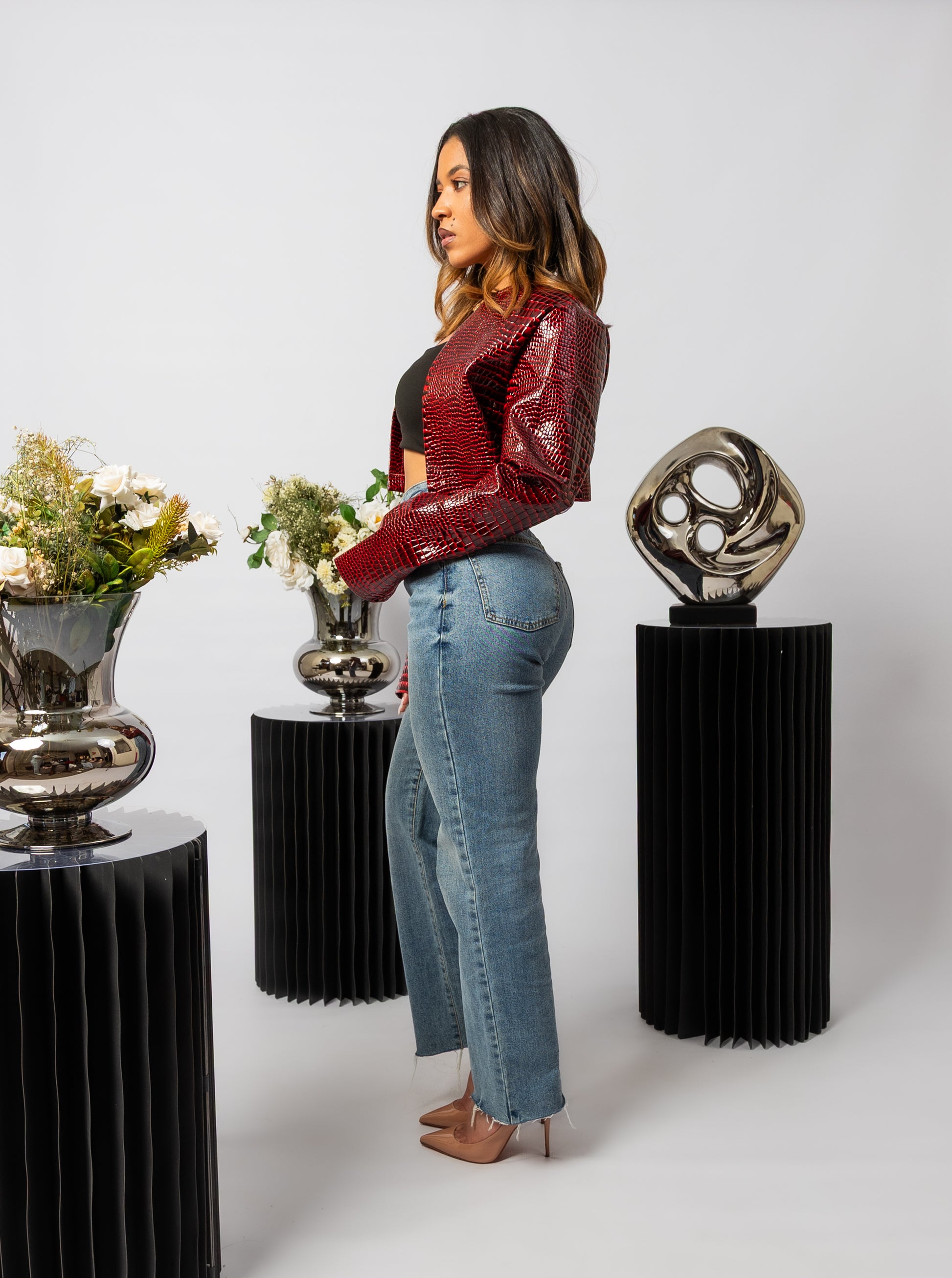 Dark Red Cropped Bomber Jacket