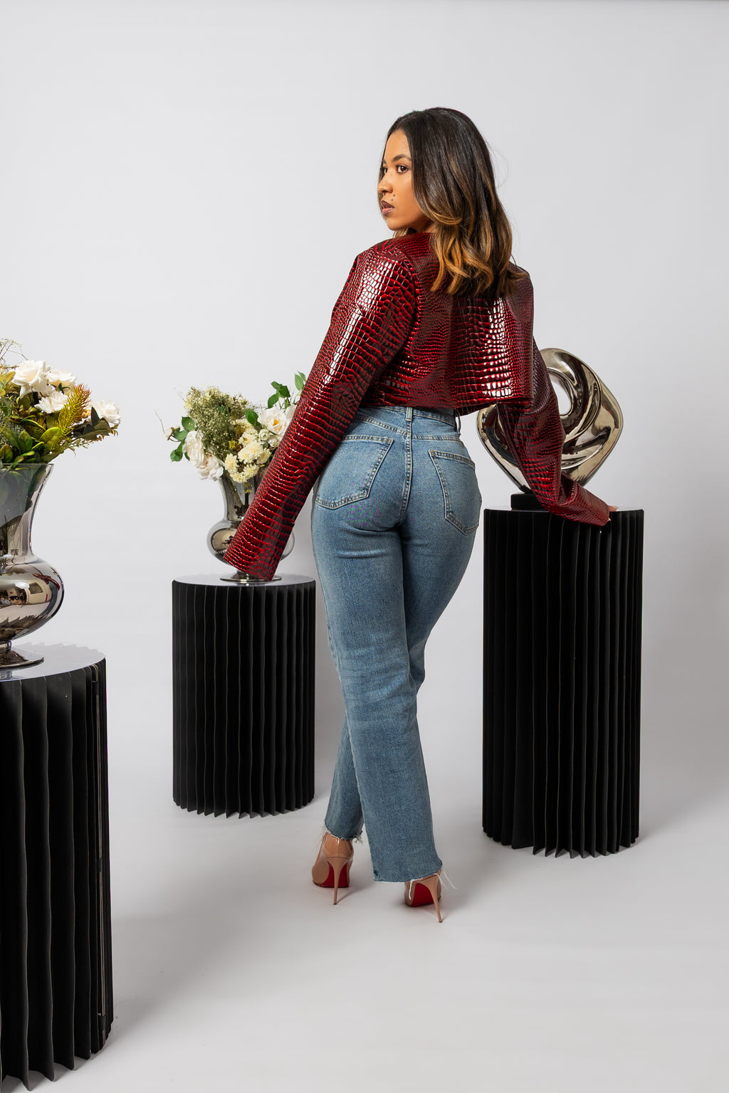 Dark Red Cropped Bomber Jacket