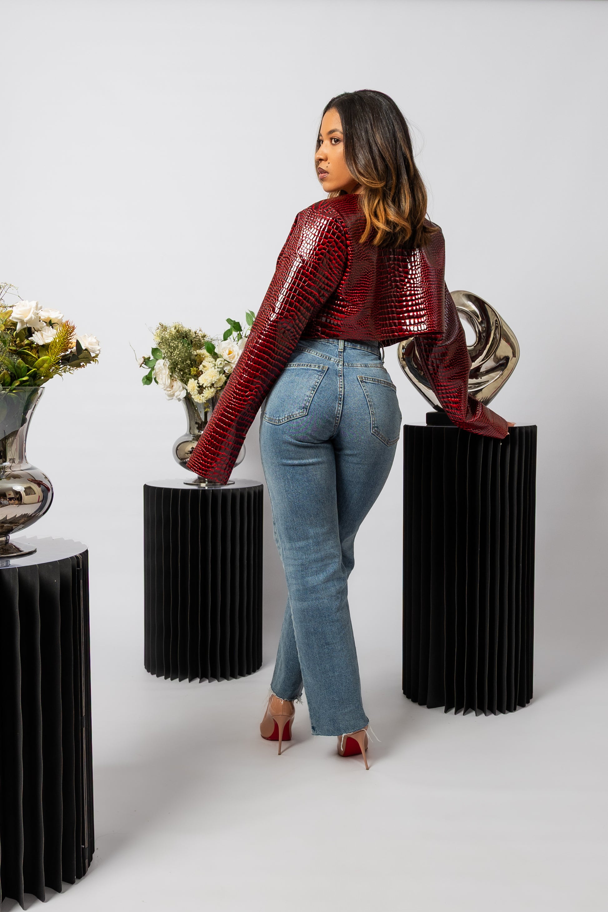 Dark Red Cropped Bomber Jacket