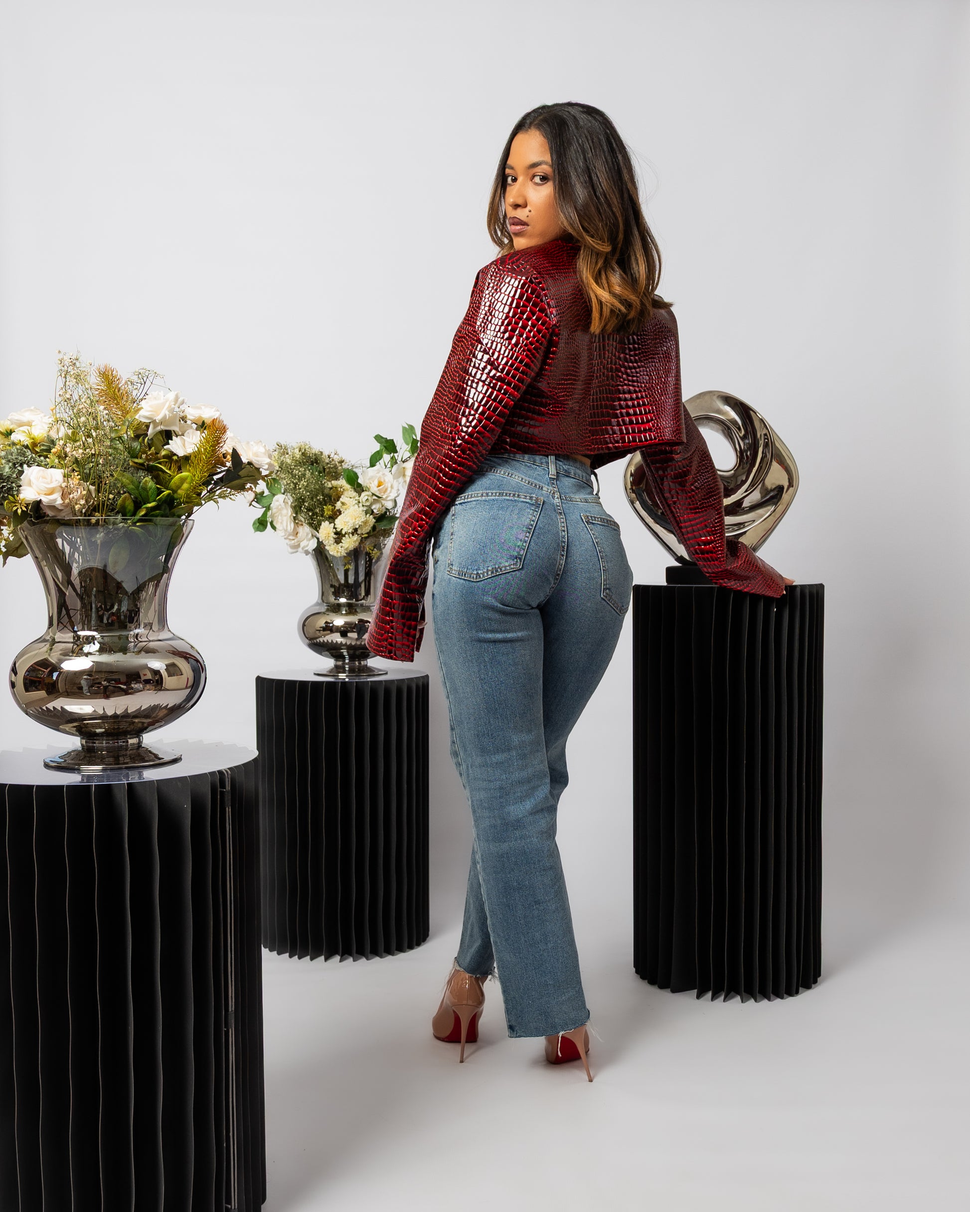 Dark Red Cropped Bomber Jacket