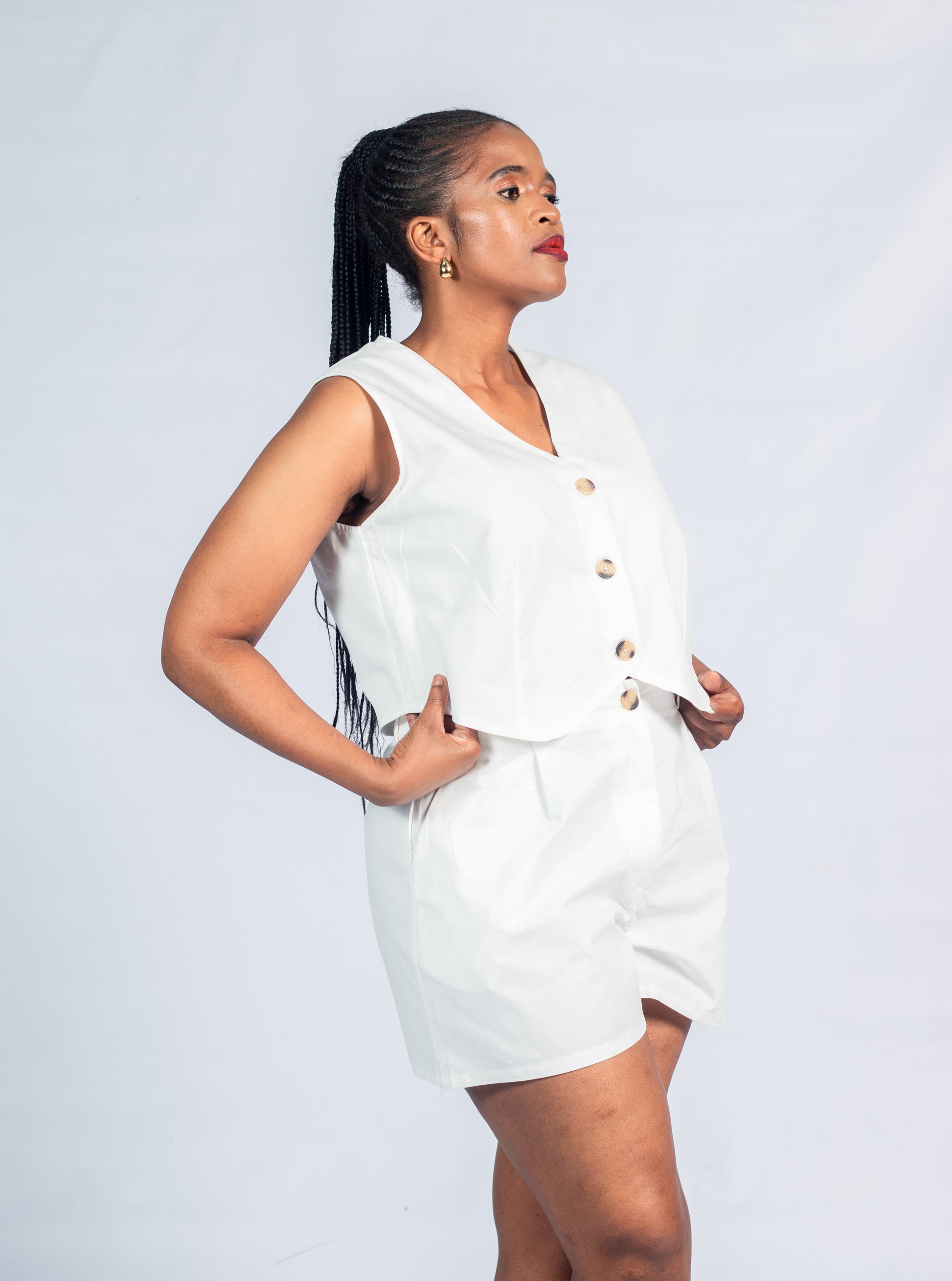 Chic plunging waist coat shorts set (brown buttons)