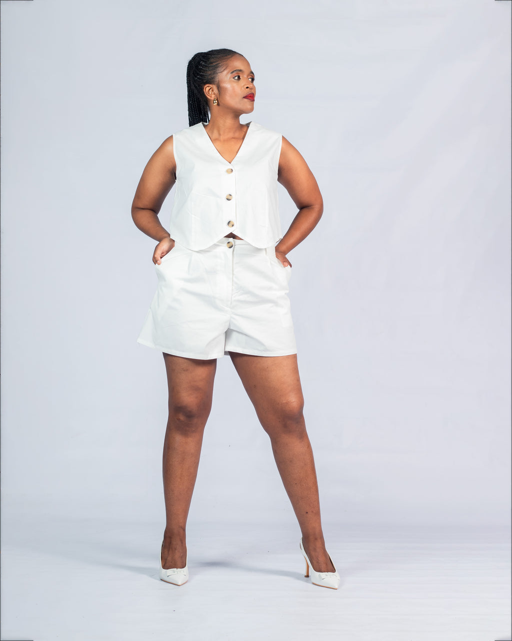 Chic plunging waist coat shorts set (brown buttons)