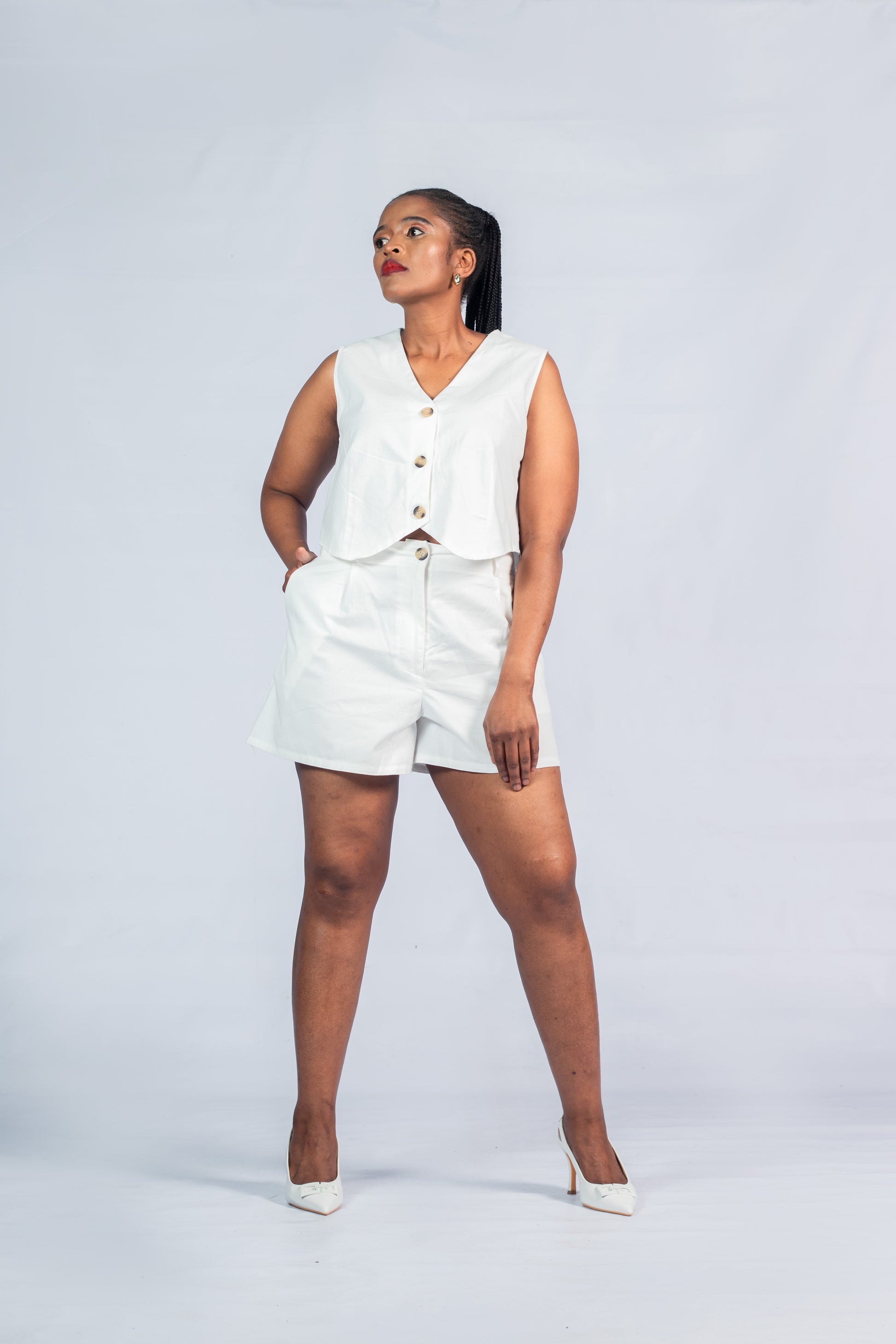 Chic plunging waist coat shorts set (brown buttons)