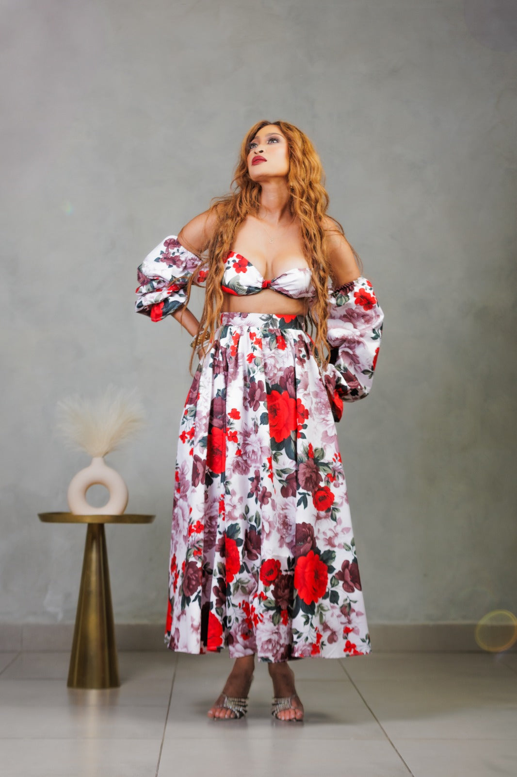 Floral, ruffled arms two piece set