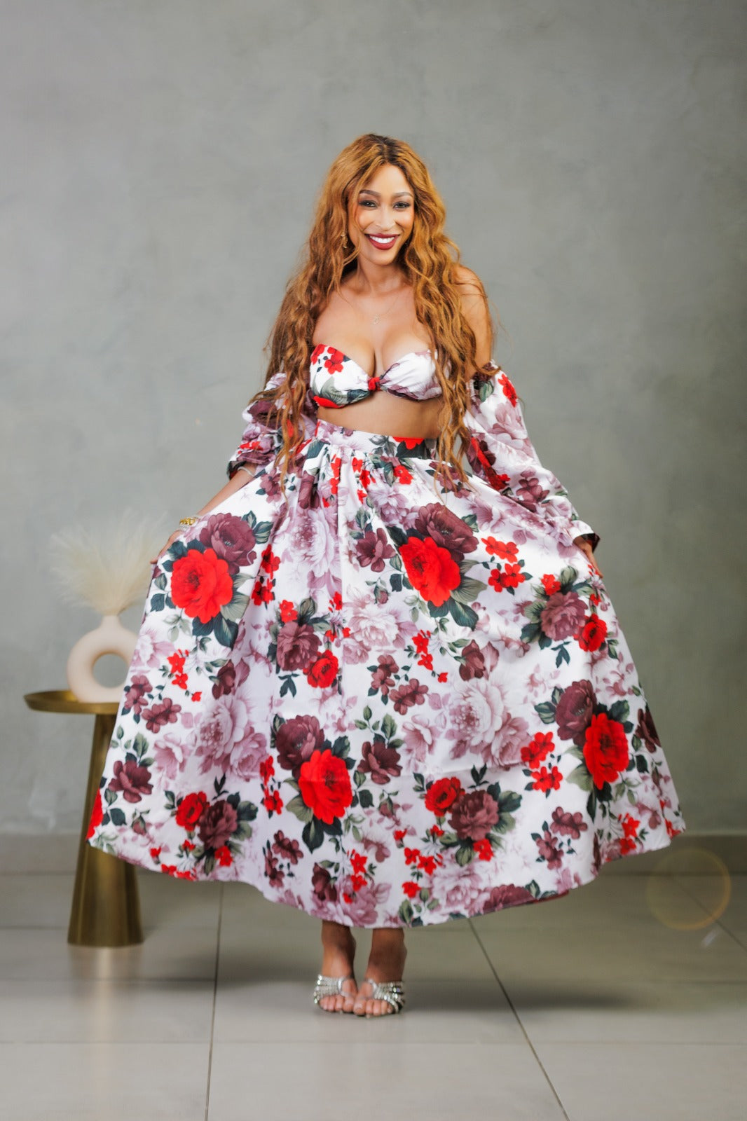 Floral, ruffled arms two piece set